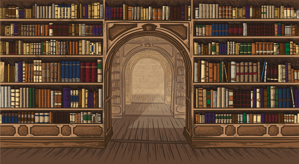 man som star i ett mystiskt bibliotek digital konst stil illustration malning1 استثمار الخلود