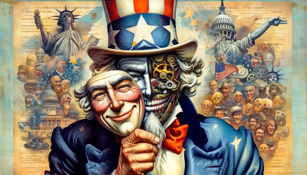 DALL·E 2024 03 30 15.36.27 A satirical image depicting Uncle Sam as a character whose appearance is both respectable and deceitful. Uncle Sam is shown wearing his traditional ou 1 الضمير الأمريكاني وقضية فلسطين