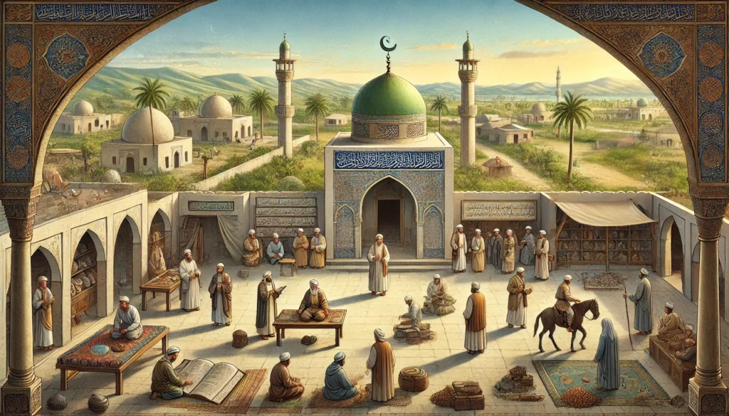 DALL·E 2024 08 15 19.50.08 An illustration depicting the early Islamic era. The scene focuses on the key aspects of this period. The setting includes a simple mosque with an ope قراءة في كتاب ماذا خسر العالم بانحطاط المسلمين؟