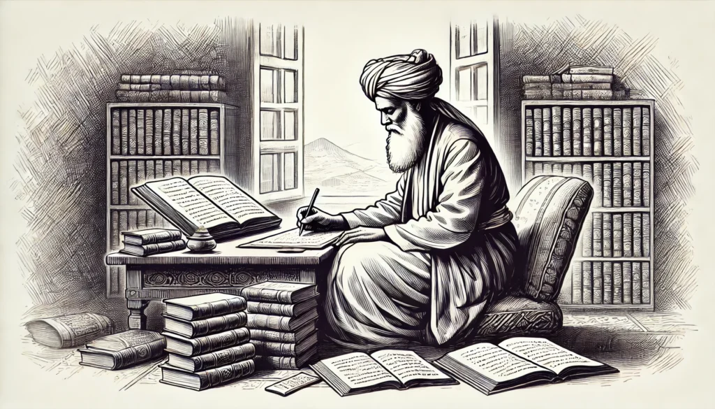 DALL·E 2024 10 01 19.56.20 An illustration of an elderly Yemeni scholar sitting and writing in a traditional 18th century setting. The scholar has a long beard and is wearing a اليمن .. ألف عام في الظلام (ج3)